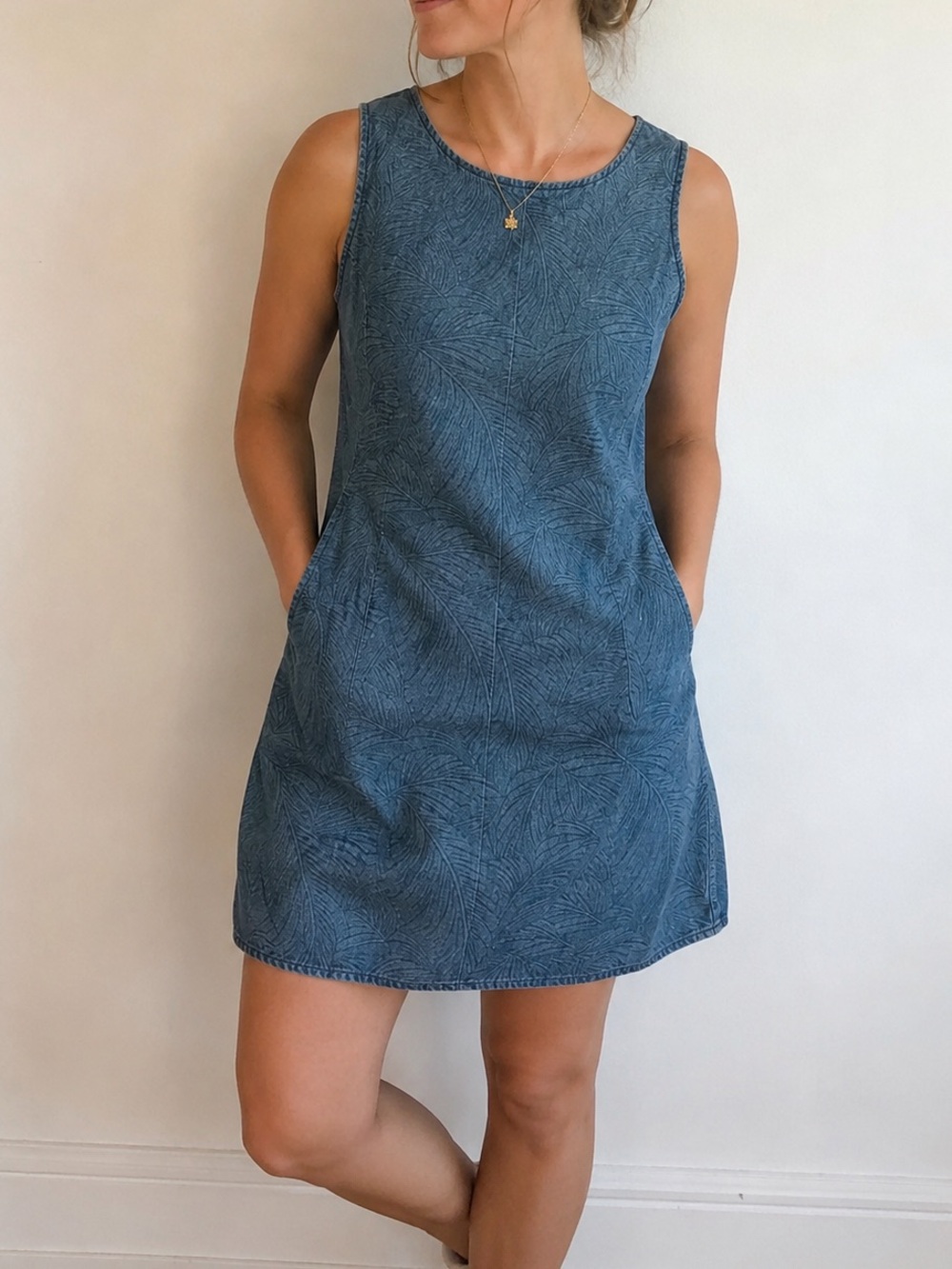 Vintage 80s Sleeveless Blue Textured Denim-Style Skater Sheath Dress